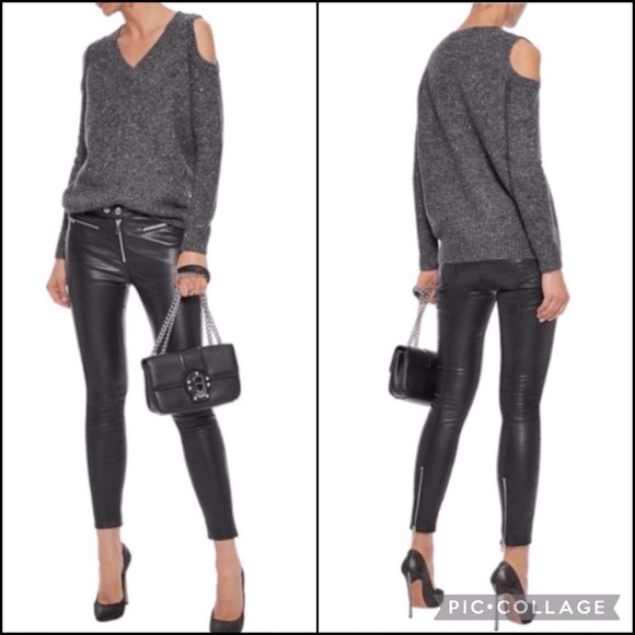 Rebecca Minkoff Marled Charcoal Knit Alpaca Wool Cold Shoulder V-Neck Sweater - Picture 3 of 13
